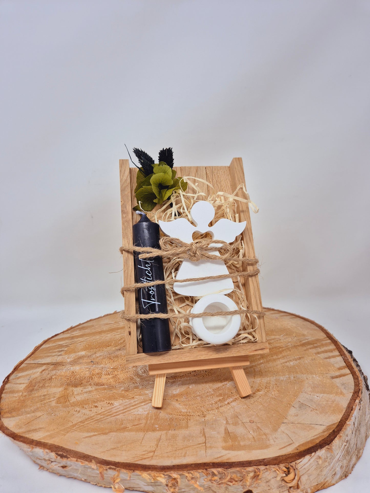 Trostlicht Geschenk – Holzbox mit Keramikengel, Kerze & Herz-Kerzenständer | Beileidsgeschenk & Trauergeschenk zur Anteilnahme