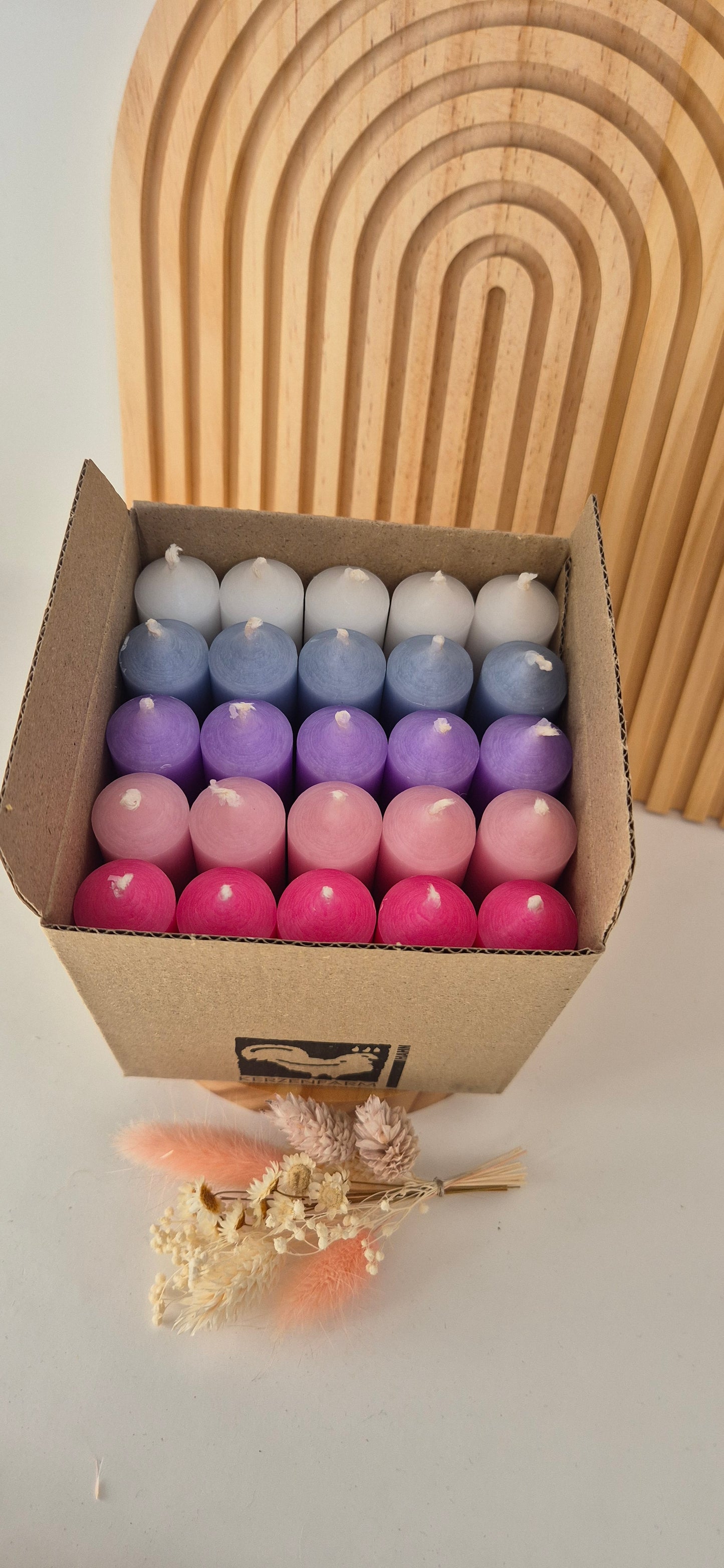 Bunte Stabkerzen-Box | 25 Kerzen | Stabkerzen 100/22mm | Pastellaltrosa & Pink