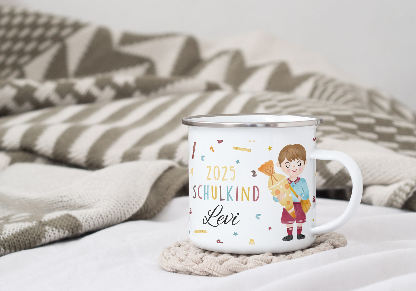 Emaille Tasse Schulkind 2025, Tasse zur Einschulung, Einschulungsgeschenk, Tasse Einschulung individualisierbar,  Emailletasse Geschenk Einschulung, Tasse