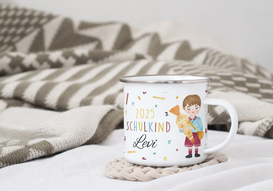 Emaille Tasse Schulkind 2025, Tasse zur Einschulung, Einschulungsgeschenk, Tasse Einschulung individualisierbar,  Emailletasse Geschenk Einschulung, Tasse