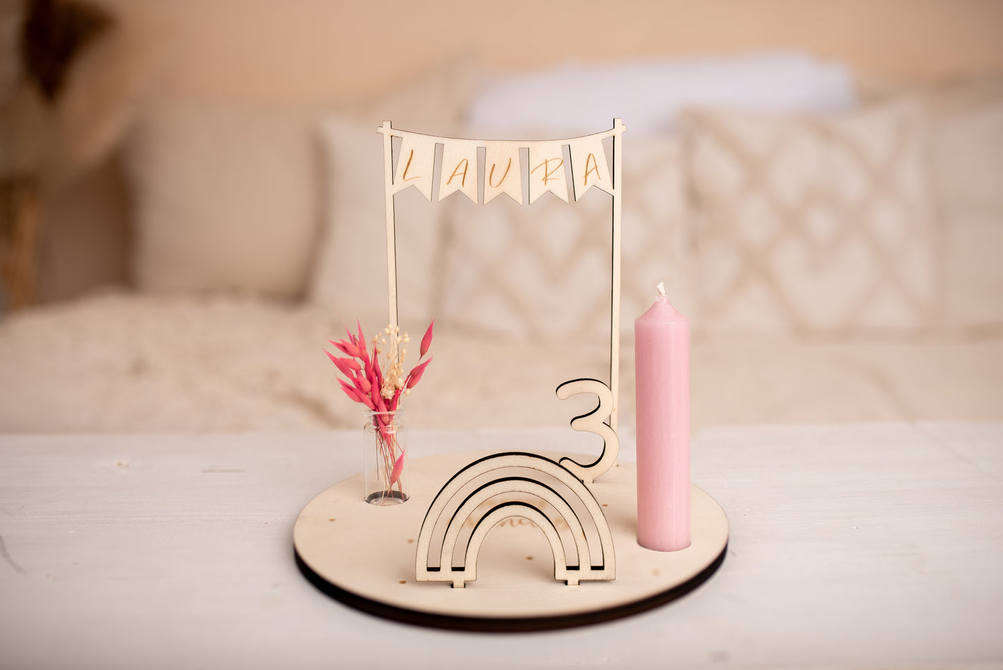 Personalisierter Geburtstagsteller mit Vase und Kerze, Kerzenplatte, Geburtstagsbrettchen, Geburtstagstafel, Geburtstagskranz, Tischdeko