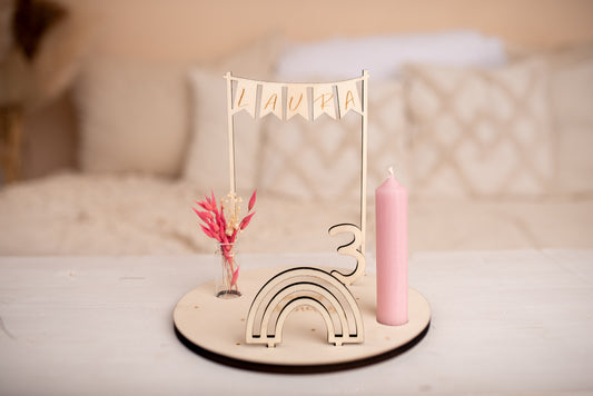 Personalisierter Geburtstagsteller mit Vase und Kerze, Kerzenplatte, Geburtstagsbrettchen, Geburtstagstafel, Geburtstagskranz, Tischdeko