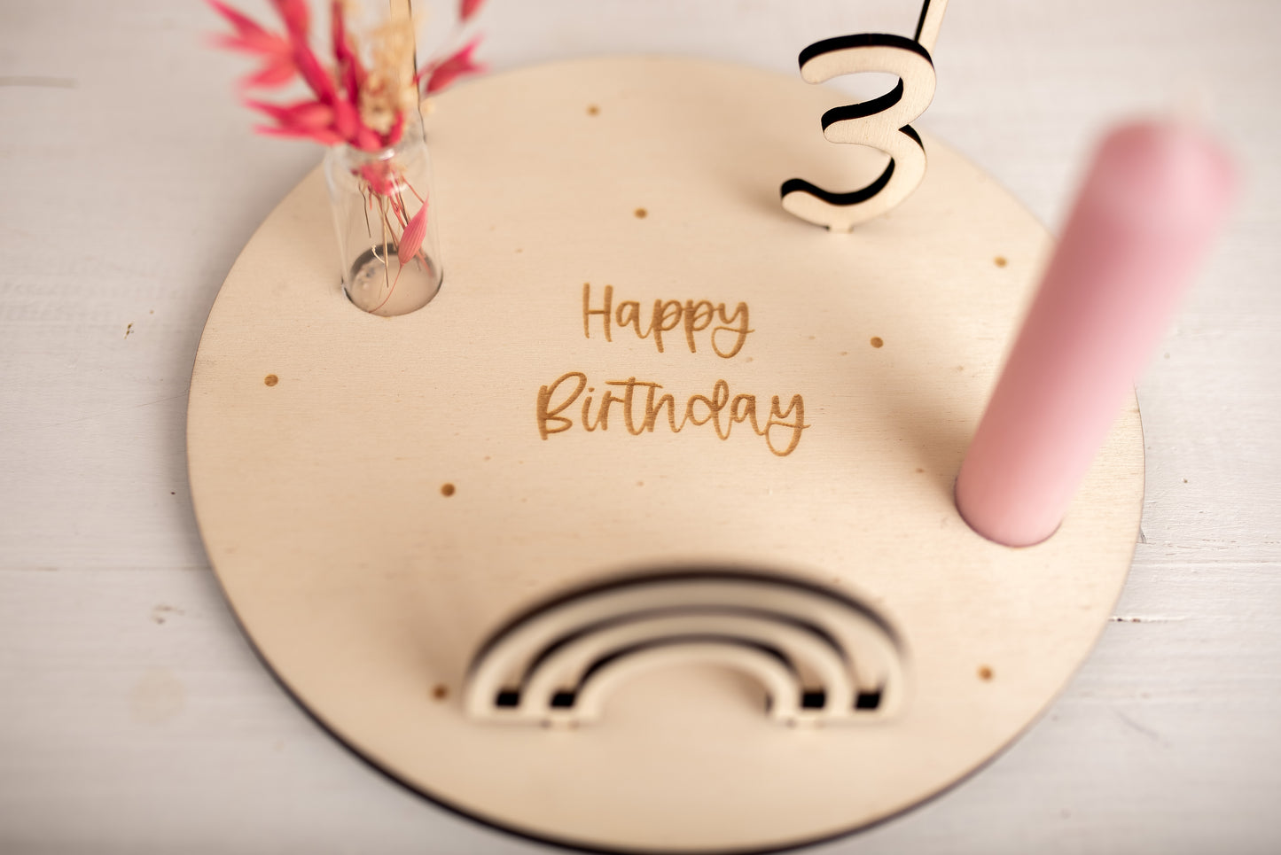 Personalisierter Geburtstagsteller mit Vase und Kerze, Kerzenplatte, Geburtstagsbrettchen, Geburtstagstafel, Geburtstagskranz, Tischdeko