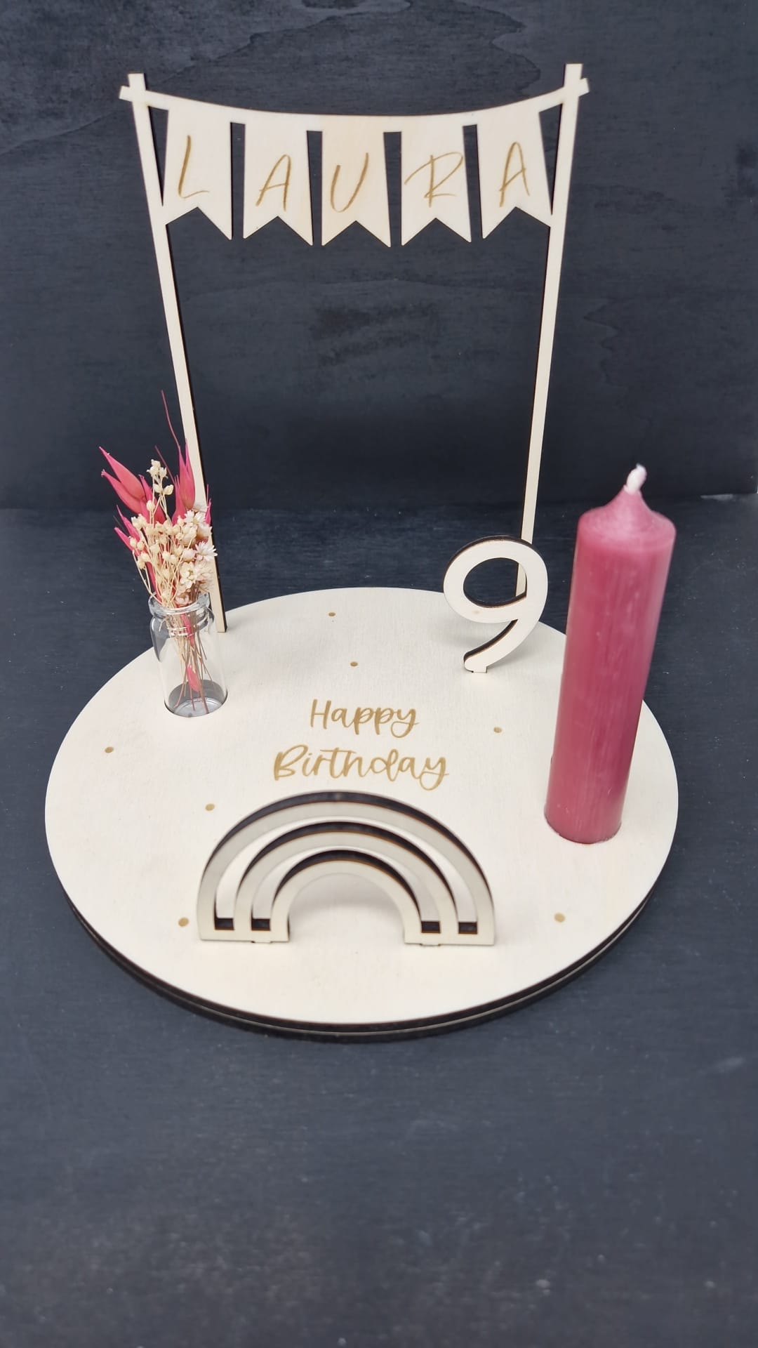 Personalisierter Geburtstagsteller mit Vase und Kerze, Kerzenplatte, Geburtstagsbrettchen, Geburtstagstafel, Geburtstagskranz, Tischdeko