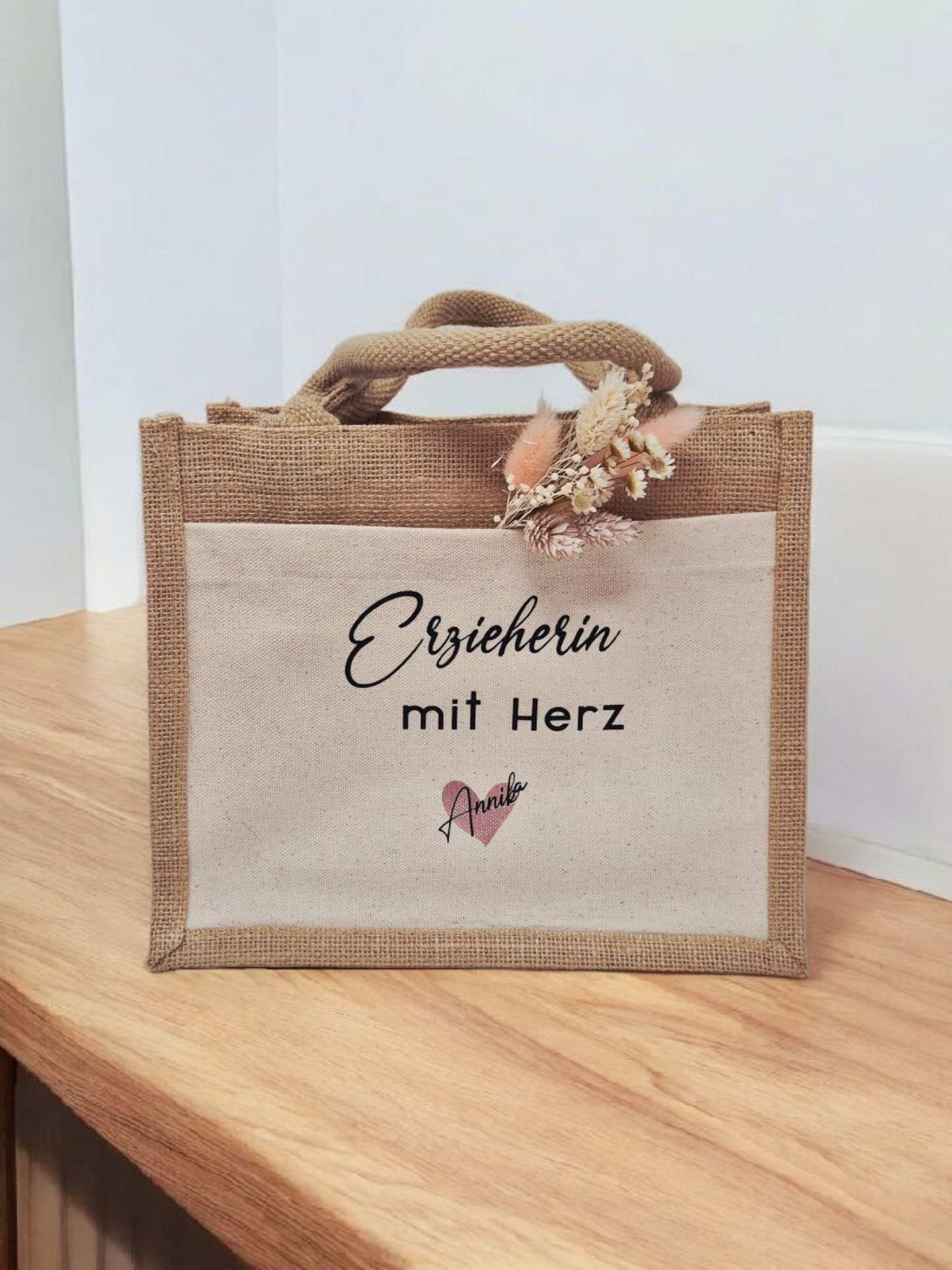 Abschiedsgeschenk Erzieherin – Personalisierte Jute-Tasche mit Herz & Name