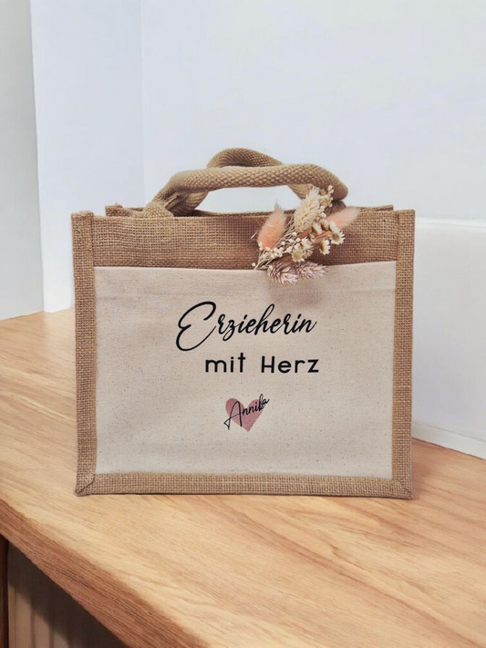 Abschiedsgeschenk Erzieherin – Personalisierte Jute-Tasche mit Herz & Name