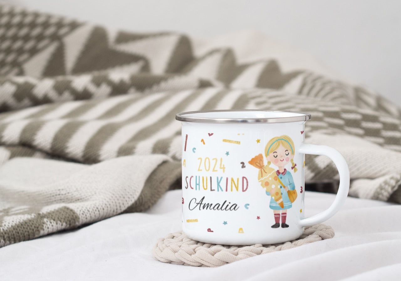Emaille Tasse Schulkind 2025, Tasse zur Einschulung, Einschulungsgeschenk, Tasse Einschulung individualisierbar,  Emailletasse Geschenk Einschulung, Tasse