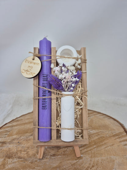 Geschenkbox Erzieherin mit Herz – Kerzenset mit Vase & Gravur | Dankeschön & Abschiedsgeschenk für Erzieher, Lehrer & Tagesmütter