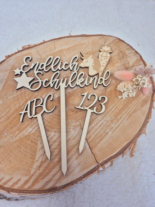 Tortendeko Einschulung, 3 teilig Cake Topper Hurra Schulkind Holz Kuchendeko Schulanfang, Zuckertüte ABC 123 Kuchen Deko Schulkind Mädchen Junge Einschulung Geschenk