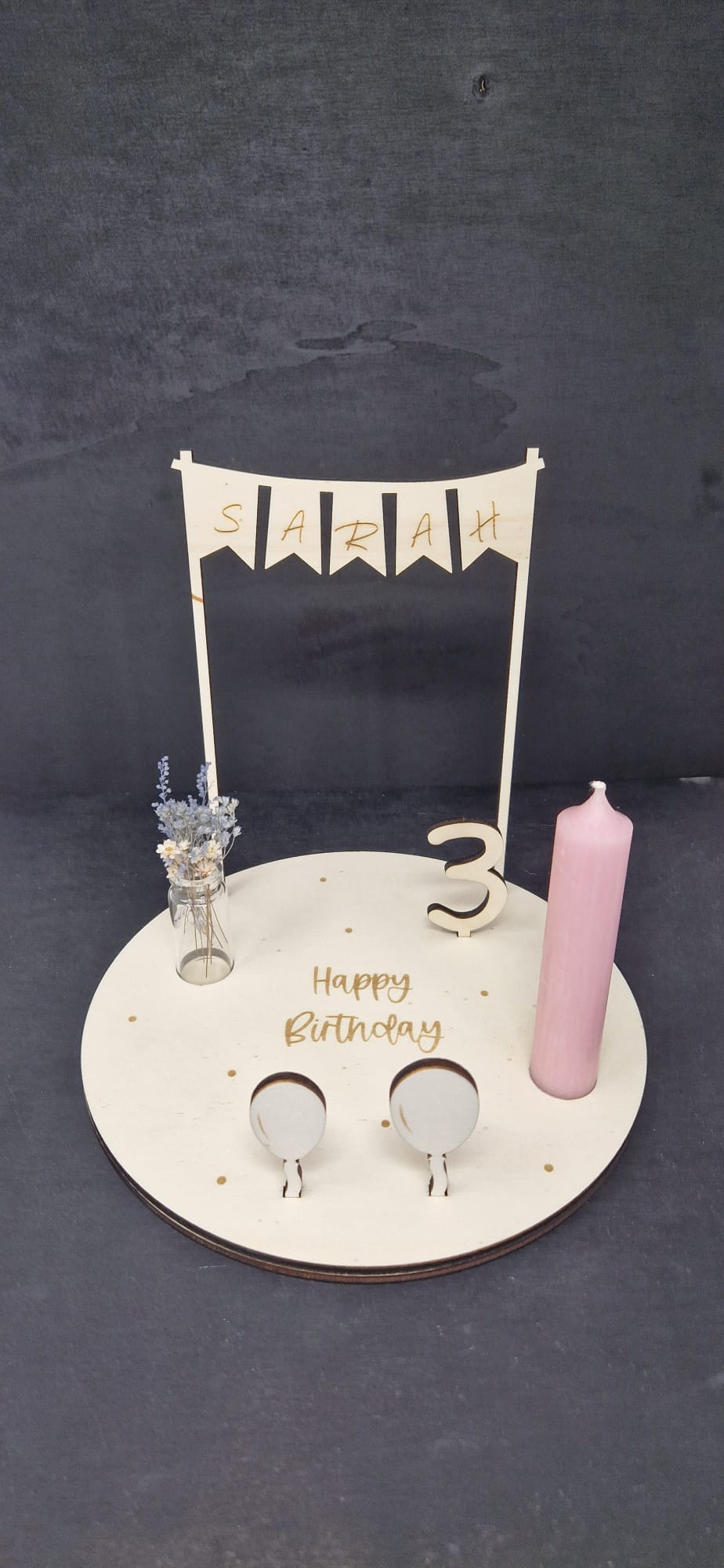 Personalisierter Geburtstagsteller mit Vase und Kerze, Kerzenplatte, Geburtstagsbrettchen, Geburtstagstafel, Geburtstagskranz, Tischdeko