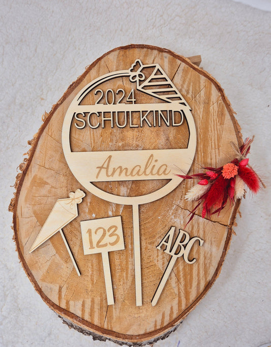 Cake Topper Schulkind Set / Caketopper ABC 123 Schultüte aus Holz / Kuchenstecker Einschulung